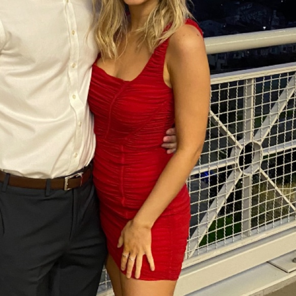 Red ruched faux corset dress